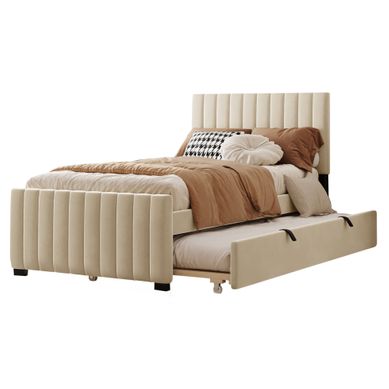 Lit Enfant 90x190 Cm, Lit Gigogne, Tissu Velours, Beige Lit Enfant 90x190 Cm, Lit Gigogne, Tissu Velours, Beige