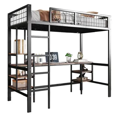 Lit Mezzanine 90x200 Cm Avec Bureau Et étagères, Métal Et Contreplaqué, Noir