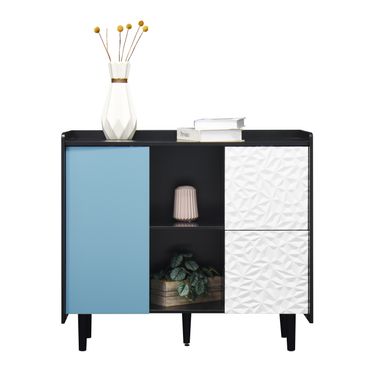 Buffet 90x40x80 Cm Grand Rangement Mdf Noir Et Bleu