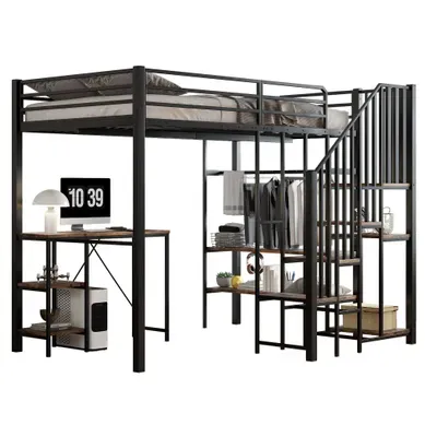 Lit Mezzanine 120x200 Cm Avec Bureau Et Rangements, Métal Et Mdf, Noir