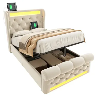 Lit Coffre 90x200 Cm, LED Et Rangement Hydraulique, Velours Beige