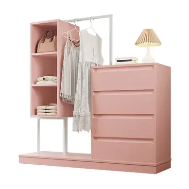 Meuble De Rangement 100x40x135 Cm Avec Tiroirs Et Penderie, Contreplaqué Rose Et Blanc