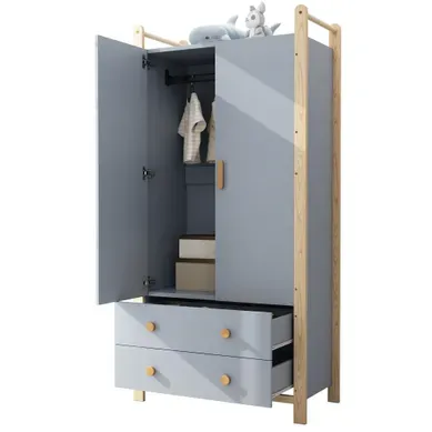 Armoire 90x45x180 Cm, Penderie Intégrée 2 Tiroirs, Panneaux De Particules Bleu Couleur Naturelle