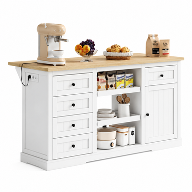 Îlot De Cuisine 150x65x75.5 Cm Plateau Rabattable Mdf Couleur Naturelle Et Blanc