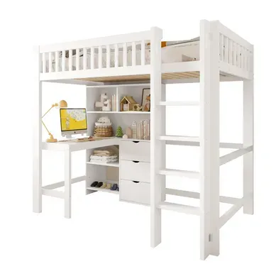 Lit Mezzanine 90x200 Cm Avec Bureau Et Rangements, Mdf, Blanc