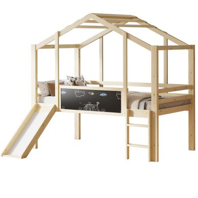 Lit Enfant 90x200 Cm Avec Toboggan Et Tableau, Contreplaqué, Couleur Naturelle