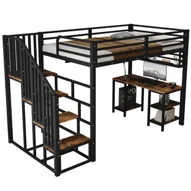 Lit Mezzanine 120x200 Cm Avec Bureau, Métal Et Contreplaqué, Noir Et Noyer Foncé