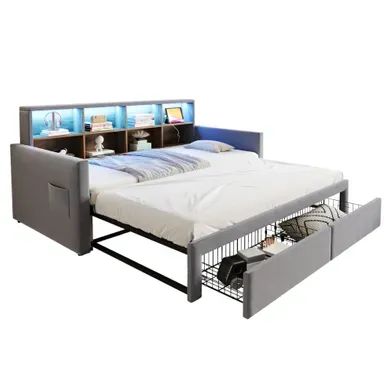 Lit Gigogne 90x190 Cm, Convertible Avec Rangements, Velours, Gris Clair Lit Gigogne 90x190 Cm, Convertible Avec Rangements, Velours, Gris Clair