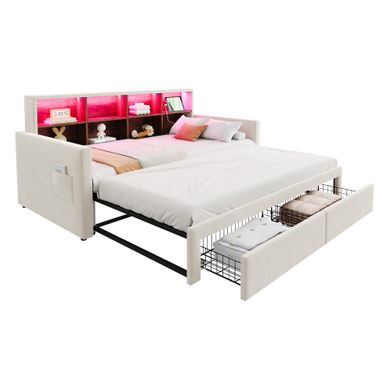 Lit Gigogne 90x190 Cm, Rangement Intégré Et LED, Velours, Beige Lit Gigogne 90x190 Cm, Rangement Intégré Et LED, Velours, Beige