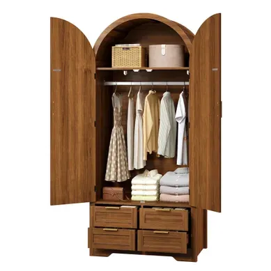 Armoire 80x50x179 Cm Portes Courbes, Tiroirs Mdf Noyer Armoire 80x50x179 Cm Portes Courbes, Tiroirs Mdf Noyer