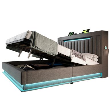 Lit Coffre 140x190 Cm, LED Et Rangement, Lin Gris Lit Coffre 140x190 Cm, LED Et Rangement, Lin Gris