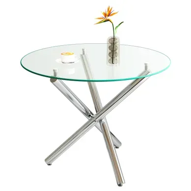 Table À Manger Ronde 80x80x76 Cm Stable Verre Métal Argenté