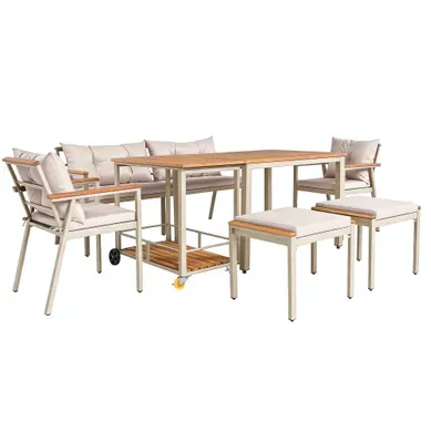 Salon De Jardin 6 À 7 Places, Chariot Amovible Contreplaqué D'acacia Beige Et Couleur Naturelle Salon De Jardin 6 À 7 Places, Chariot Amovible Contreplaqué D'acacia Beige Et Couleur Naturelle