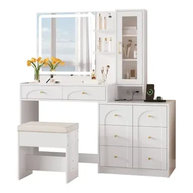 Coiffeuse 131.5x40x140 Cm Miroir LED, 8 Tiroirs Mdf Verre Blanc
