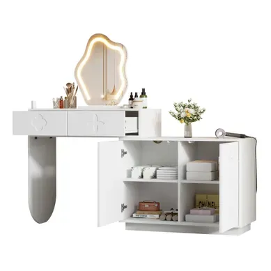 Coiffeuse 160x40x132 Cm Miroir LED, Rangement Mdf Verre Blanc