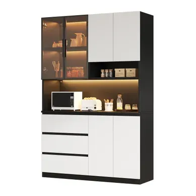 Buffet De Cuisine Haut 120,5x40x180 Cm, 3 Tiroirs, 6 Portes, LED, Noir Et Blanc Buffet De Cuisine Haut 120,5x40x180 Cm, 3 Tiroirs, 6 Portes, LED, Noir Et Blanc