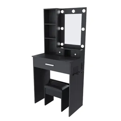 Coiffeuse 60x38x131.5 Cm éclairage LED 3 Modes, Rangement Intégré Mdf Noir