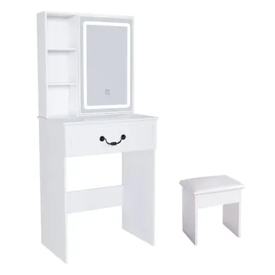 Coiffeuse 60x36x131.5 Cm éclairage LED Réglable, Rangement Dissimulé Mdf Blanc