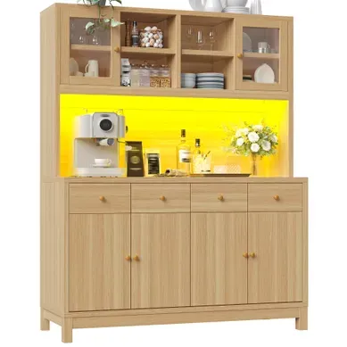Buffet Haut Avec LED Rgb, Portes Vitrées Et 4 Tiroirs, Bois Naturel, Mdf Buffet Haut Avec LED Rgb, Portes Vitrées Et 4 Tiroirs, Bois Naturel, Mdf