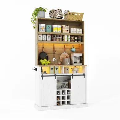 Meuble De Cuisine Haut 191 Cm, LED, Prises Et USB, Naturel Et Blanc Meuble De Cuisine Haut 191 Cm, LED, Prises Et USB, Naturel Et Blanc