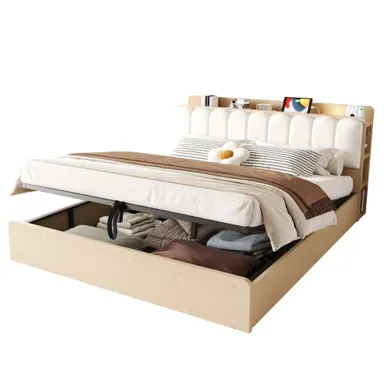 Lit Coffre 180x200 Cm, Tête De Lit Multifonction, Mdf Couleur Naturelle Lit Coffre 180x200 Cm, Tête De Lit Multifonction, Mdf Couleur Naturelle