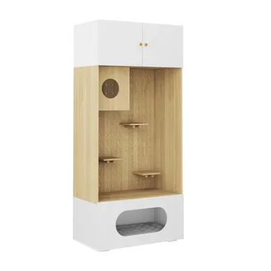 Meuble Pour Félins 90x50x200 Cm Avec Mur D’escalade Et Rangement, Blanc Et Aspect Bois