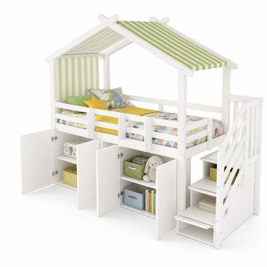 Lit Mezzanine Enfant 90x200 Cm Avec Rangements Blanc Et Vert
