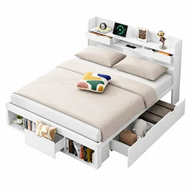 Lit Multifonction 140x190 Cm Avec Rangement Blanc