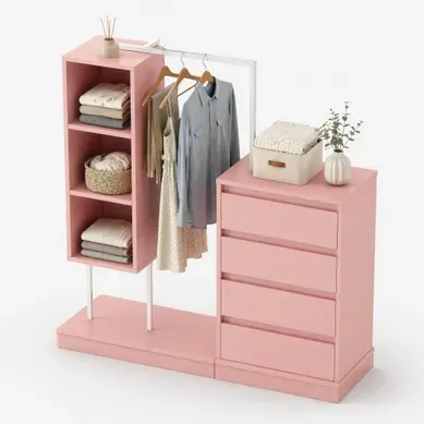 Meuble De Rangement Avec Tiroirs Et Penderie 100 X 40 X 135 Cm Rose Et Blanc