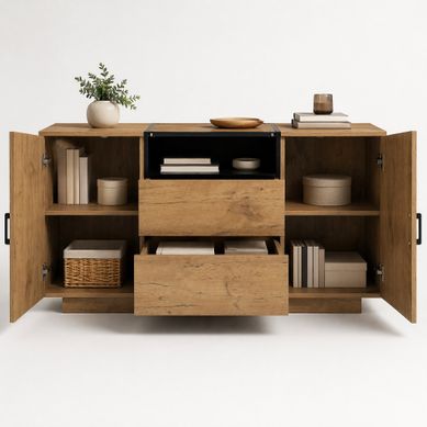 Commode 140 X 40 X 70 Cm Avec 2 Tiroirs Et 2 Portes Chêne Clair Commode 140 X 40 X 70 Cm Avec 2 Tiroirs Et 2 Portes Chêne Clair