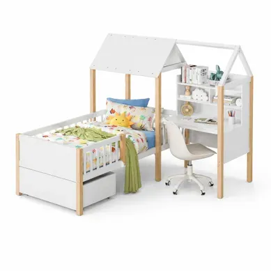 Lit Cabane 90 X 200 Cm Avec Bureau Et Rangement, Blanc Et Naturel