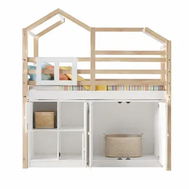 Lit Mezzanine Enfant 90x200 Cm Avec Rangements Et Fenêtre Blanc Et Naturel