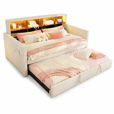 Canapé-lit 90 X 190 Cm Avec Lit Gigogne, Rangements Et LED, Beige