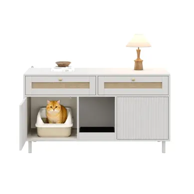 Meuble pour litière de chat avec tapis, 2 portes et tiroir, blanc, 120×50×65 cm