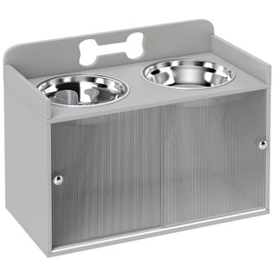 Station de repas surélevée pour chien, 2 bols inox et rangement 50 L, grise, 60×30×46 cm Station de repas surélevée pour chien, 2 bols inox et rangement 50 L, grise, 60×30×46 cm