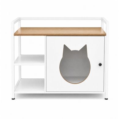 Meuble D’appoint Pour Litière Chat 79 Cm Avec étagères, Blanc Et Chêne Clair