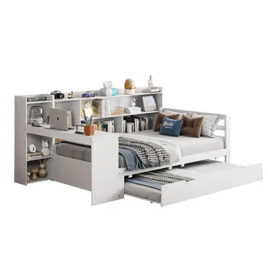 Lit Enfant 90x200 Avec Bureau, Rangements, Lit Gigogne Et Prises USB, En Bois Blanc