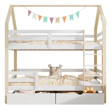 Lit Enfant Cabane 90x200 Avec 2 Grands Tiroirs, Barrières Hautes Et Basses, Coloris Blanc Et Chêne Lit Enfant Cabane 90x200 Avec 2 Grands Tiroirs, Barrières Hautes Et Basses, Coloris Blanc Et Chêne