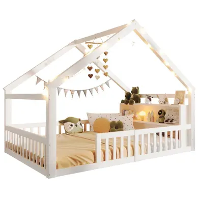 Lit Double Cabane 140x190 Avec Barrières Et Rangements, Pin Et Mdf, Blanc Lit Double Cabane 140x190 Avec Barrières Et Rangements, Pin Et Mdf, Blanc