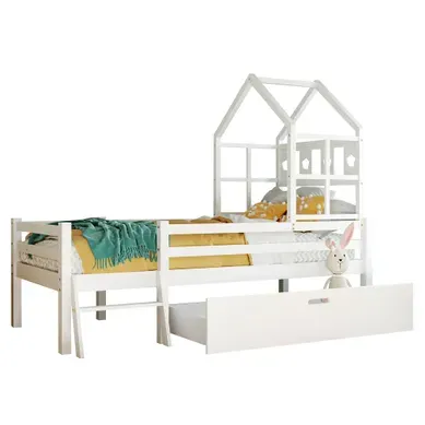 Lit Mi-haut 90 X 200 Cm Avec Barrière, échelle Et Tiroir De Rangement, En Bois Blanc