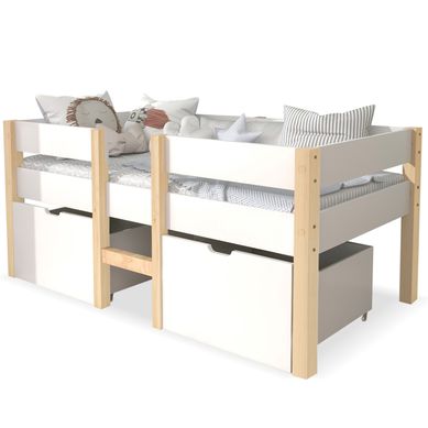 Lit Enfant 90×200 Cm Avec Barrière, échelle Et 2 Tiroirs, En Bois Blanc