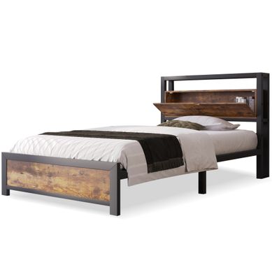 Lit Simple 90×200 Cm Avec Tête De Lit De Rangement, étagères Et Espace Sous Lit, Naturel Lit Simple 90×200 Cm Avec Tête De Lit De Rangement, étagères Et Espace Sous Lit, Naturel