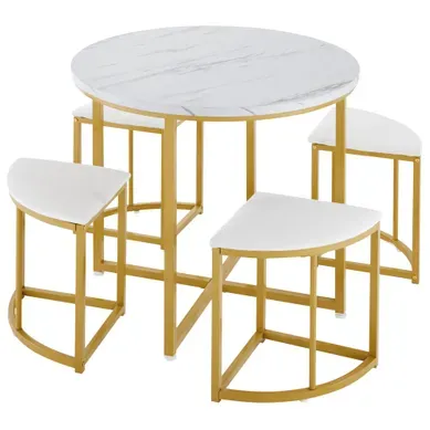 Ensemble Table Et Chaises Avec 1 Table Ronde Et 4 Chaises En Velours, Blanc Ensemble Table Et Chaises Avec 1 Table Ronde Et 4 Chaises En Velours, Blanc