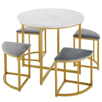 Ensemble Table Et Chaises Avec 1 Table Ronde Et 4 Chaises En Velours, Blanc Gris Ensemble Table Et Chaises Avec 1 Table Ronde Et 4 Chaises En Velours, Blanc Gris