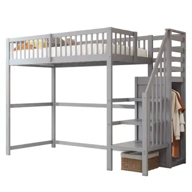Lit Mezzanine 90×200 Cm Avec Escalier, Rangement Et Penderie, En Bois Gris