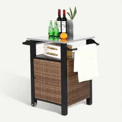 Îlot De Cuisine Avec Roulettes,1 Porte,1 Tiroir Et Plateau Extensible, Métal, Marron,76x 57x 85cm Îlot De Cuisine Avec Roulettes,1 Porte,1 Tiroir Et Plateau Extensible, Métal, Marron,76x 57x 85cm