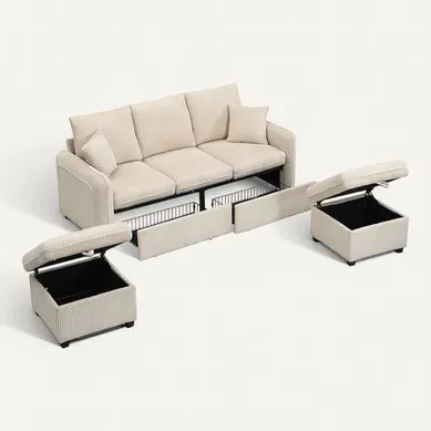 Canapé Compressé Modulable 3 Places, Avec Rangement Et 2 Poufs, En Velours Côtelé, Beige Canapé Compressé Modulable 3 Places, Avec Rangement Et 2 Poufs, En Velours Côtelé, Beige