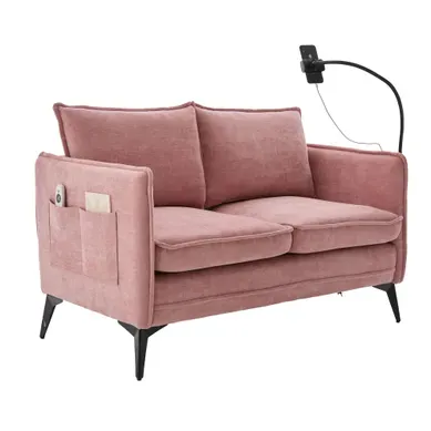 Canapé Droit 2 Places En Chenille, Avec Rangement Latéral Et Support Téléphone, Rose Canapé Droit 2 Places En Chenille, Avec Rangement Latéral Et Support Téléphone, Rose