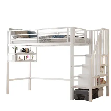 Lit Mezzanine 90 × 200 Cm Avec étagères, échelle De Rangement Et Barrières, Blanc