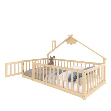 Lit Enfant 90×190 Cm Avec Barrière À Verrou Et Toit Maison, Bois, Coloris Naturel Lit Enfant 90×190 Cm Avec Barrière À Verrou Et Toit Maison, Bois, Coloris Naturel